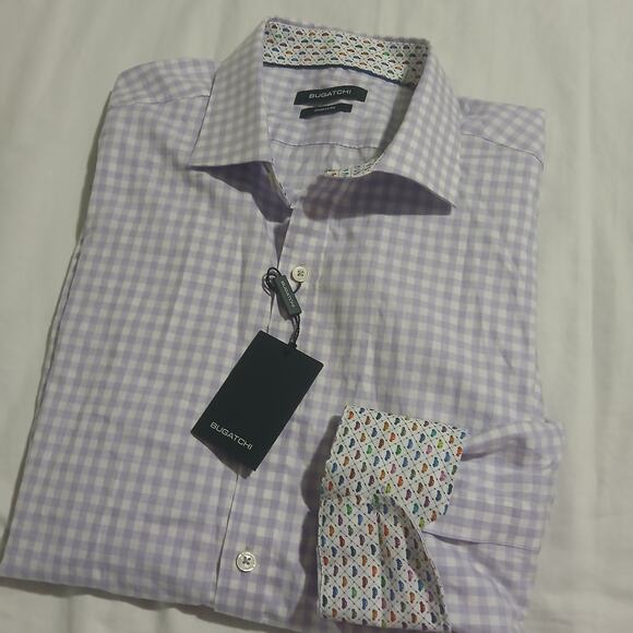 NWT Bugatchi XL men's Shaped Fit lavender check 100% cotton flip cuff long-slv - Picture 15 of 16